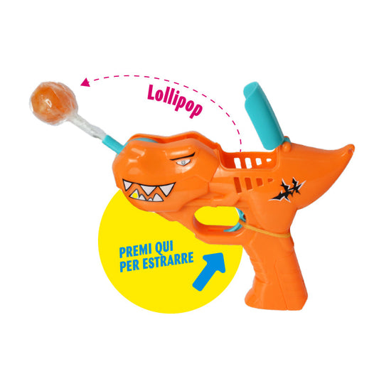 Dino Gun Pop - Lollipop Fruttato in contenitore a forma di Dinosauro (10g)