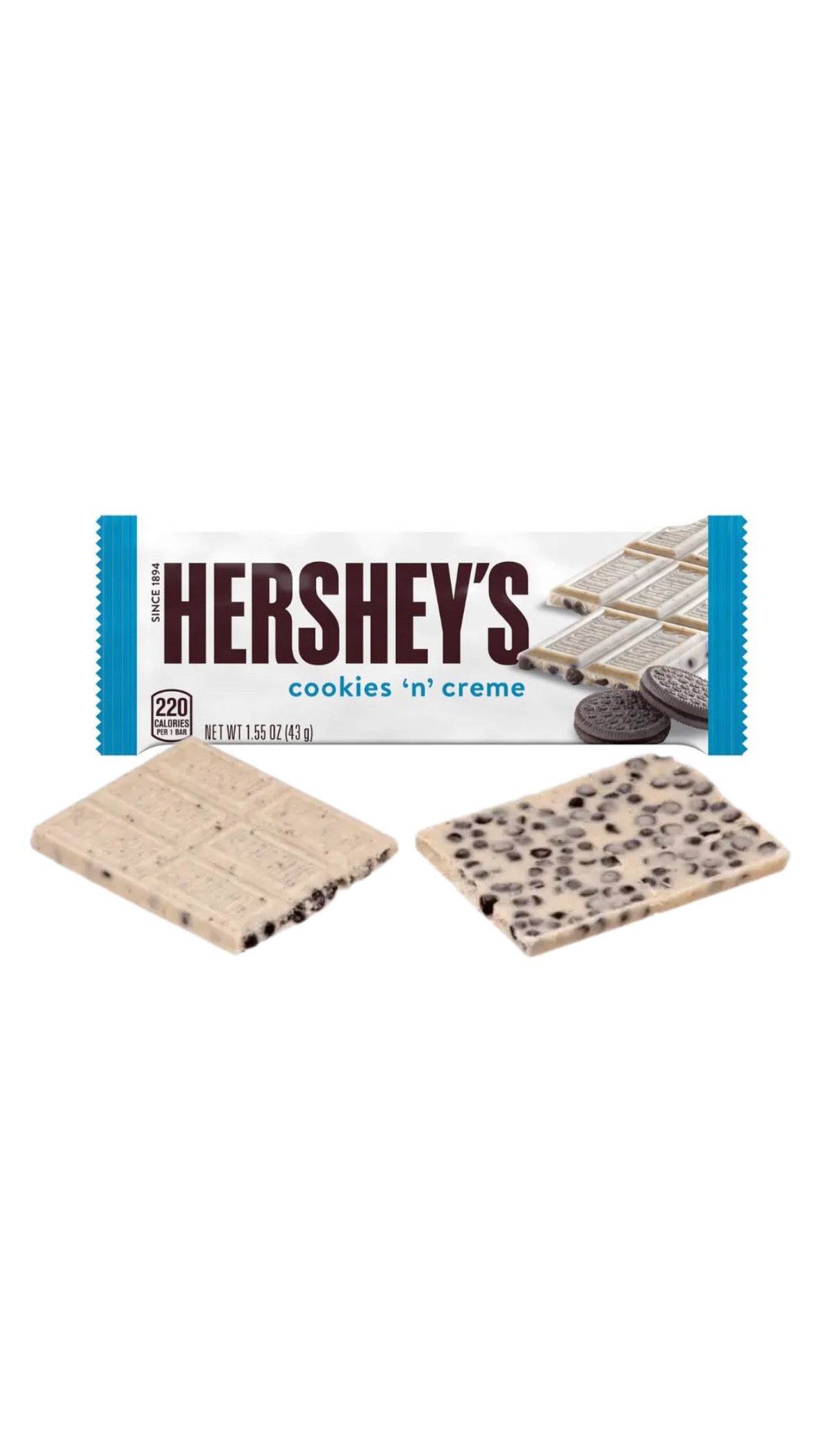 Hershey's Cookies'n'Creme USA - Barretta di cioccolato bianco con pezzettini di biscotto oreo (43g)